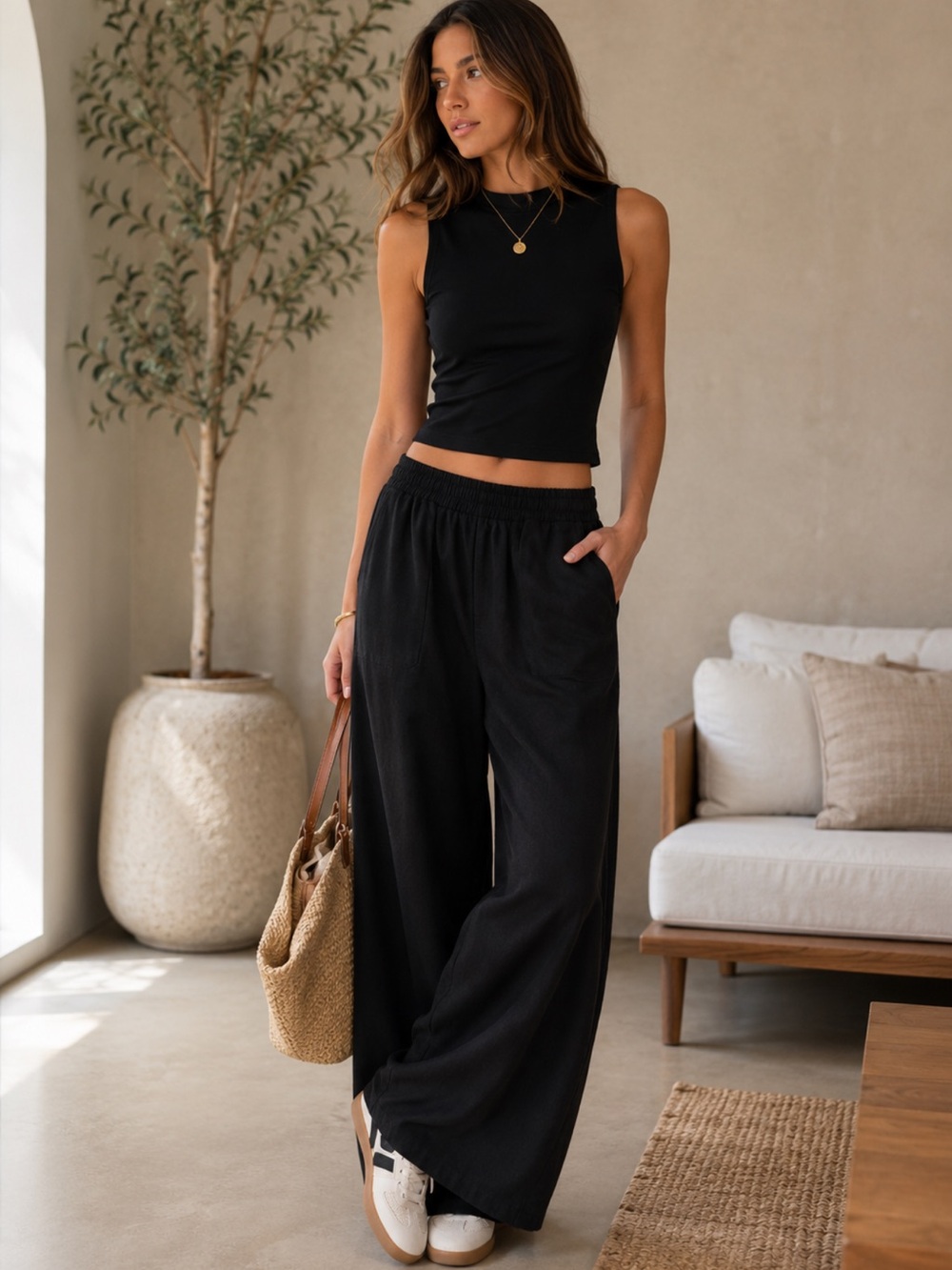 Fabulous Black Wide-Leg Faux Suede Elastic Waist Pants